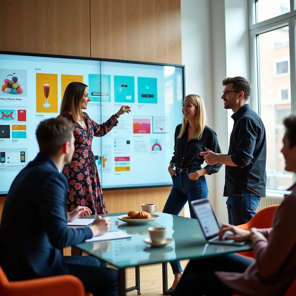 Design team collaborating on mobile app prototypes and user interface designs